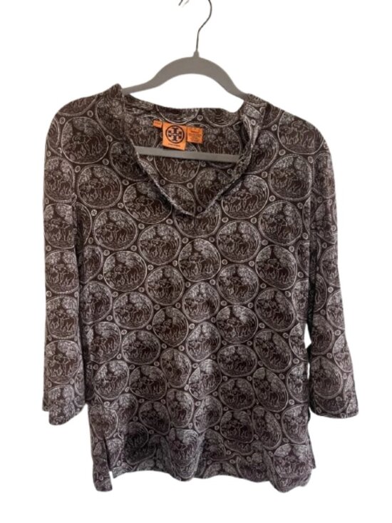 Tory Burch Tops - Tory Burch Brown Elephant Printed V-Neck Tunic Top Size 6